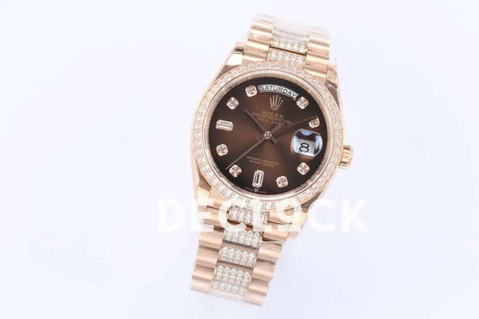 Replica Rolex Day-Date 36 128345RBR Brown Dial with Diamond Bezel in Everose Gold | Declock.