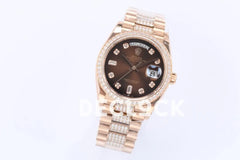 Replica Rolex Day-Date 36 128345RBR Brown Dial with Diamond Bezel in Everose Gold