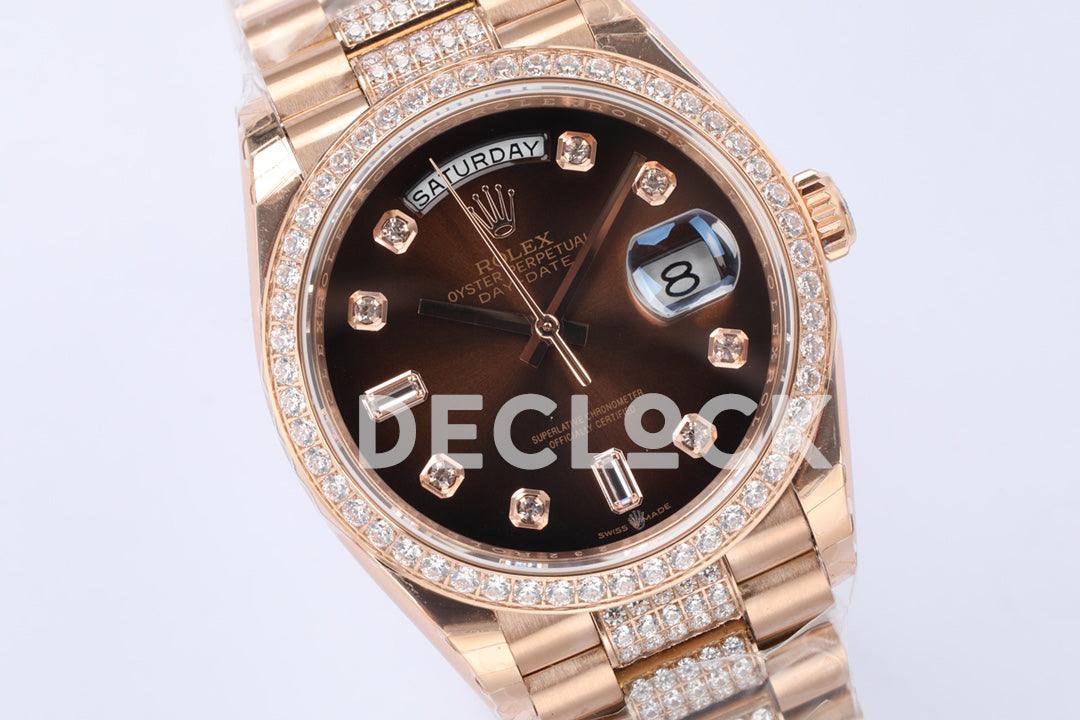 Replica Rolex Day-Date 36 128345RBR Brown Dial with Diamond Bezel in Everose Gold - Replica Watches