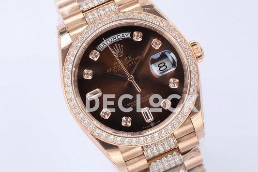 Replica Rolex Day-Date 36 128345RBR Brown Dial with Diamond Bezel in Everose Gold | Declock.