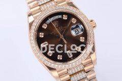 Replica Rolex Day-Date 36 128345RBR Brown Dial with Diamond Bezel in Everose Gold