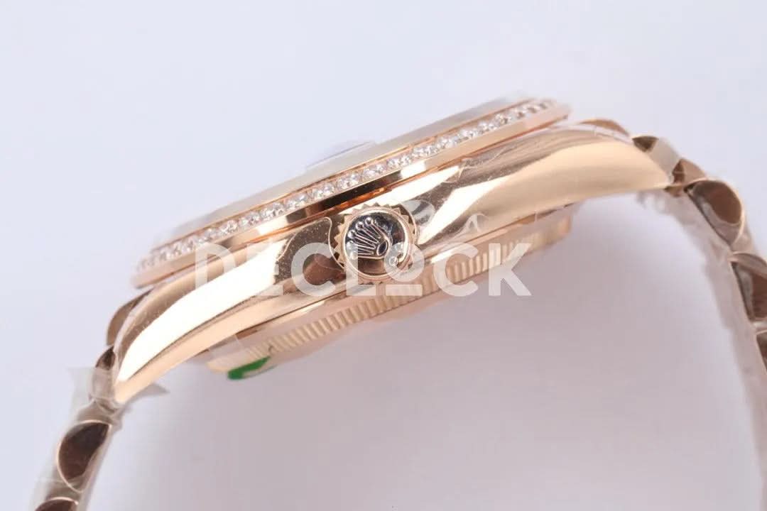 Replica Rolex Day-Date 36 128345RBR Brown Dial with Diamond Bezel in Everose Gold