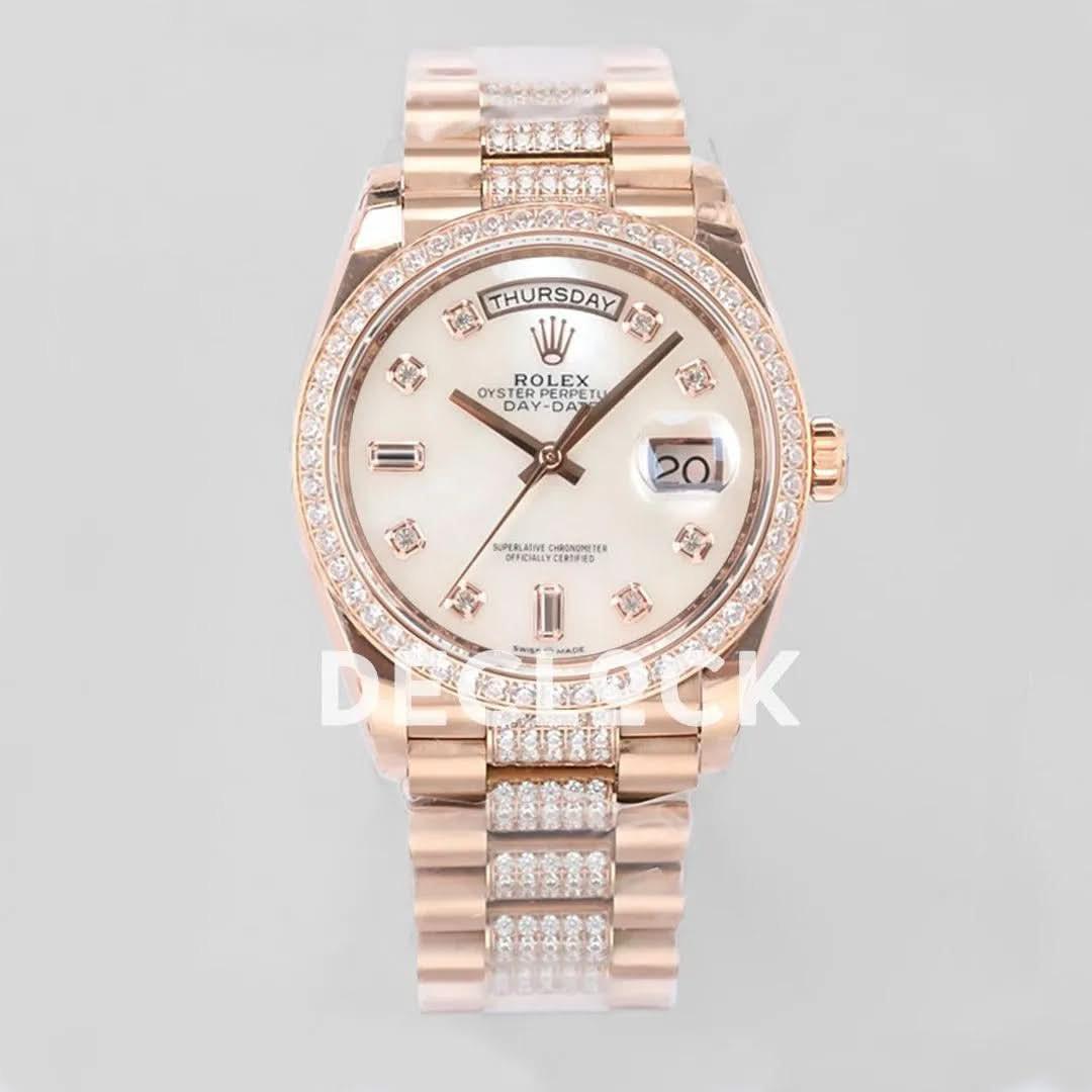 Replica Rolex Day-Date 36 128345RBR MOP Dial with Diamond Bezel in Everose Gold |  Declock.
