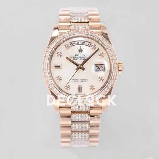Replica Rolex Day-Date 36 128345RBR MOP Dial with Diamond Bezel in Everose Gold | Declock.