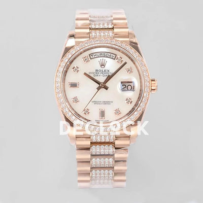 Replica Rolex Day-Date 36 128345RBR MOP Dial with Diamond Bezel in Everose Gold