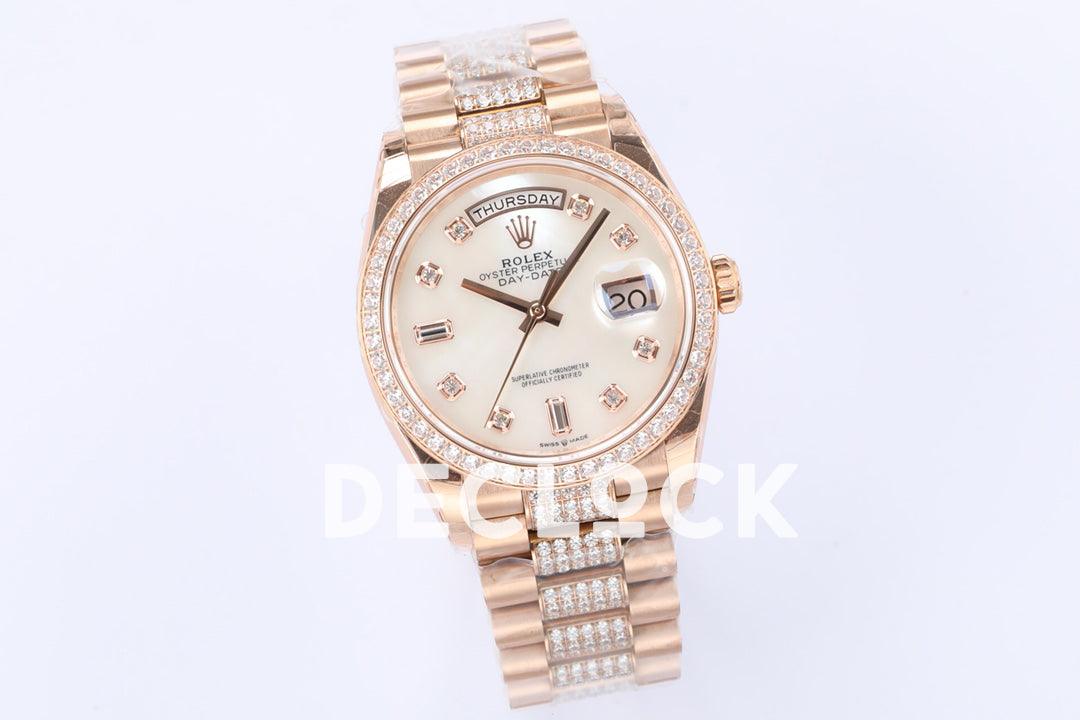 Replica Rolex Day-Date 36 128345RBR MOP Dial with Diamond Bezel in Everose Gold - Replica Watches