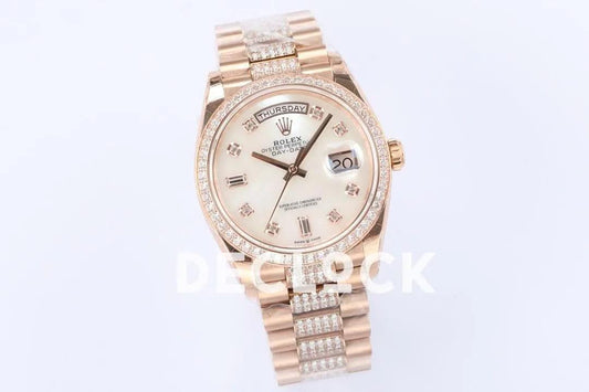 Replica Rolex Day-Date 36 128345RBR MOP Dial with Diamond Bezel in Everose Gold | Declock.