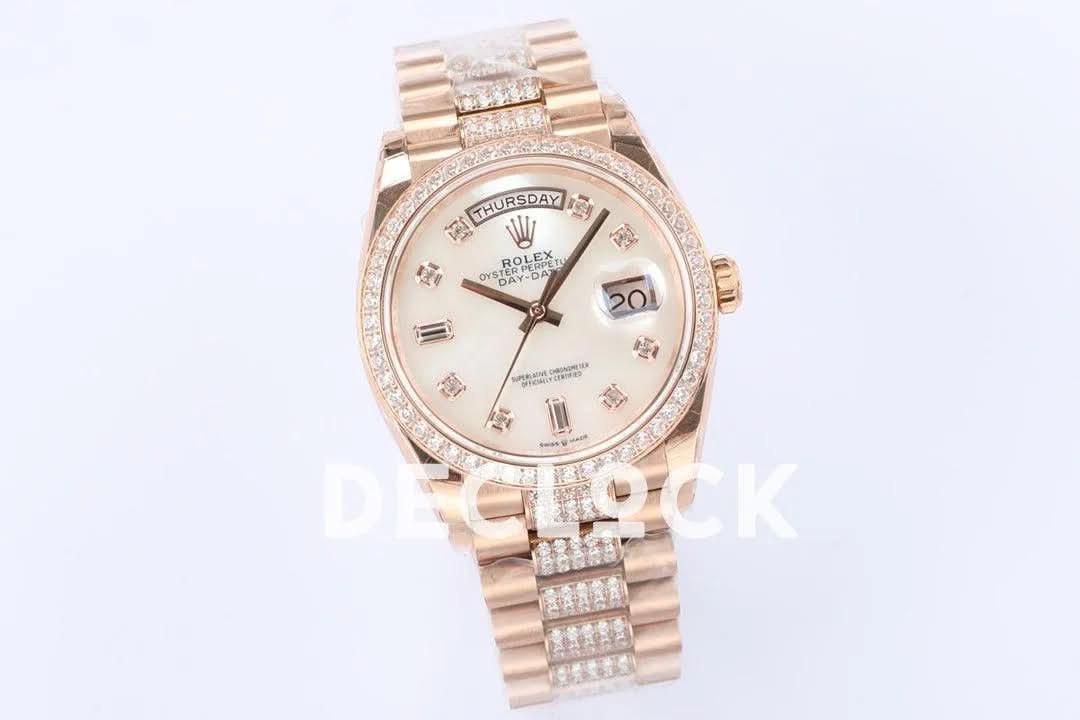 Replica Rolex Day-Date 36 128345RBR MOP Dial with Diamond Bezel in Everose Gold |  Declock.