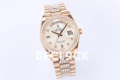 Replica Rolex Day-Date 36 128345RBR MOP Dial with Diamond Bezel in Everose Gold