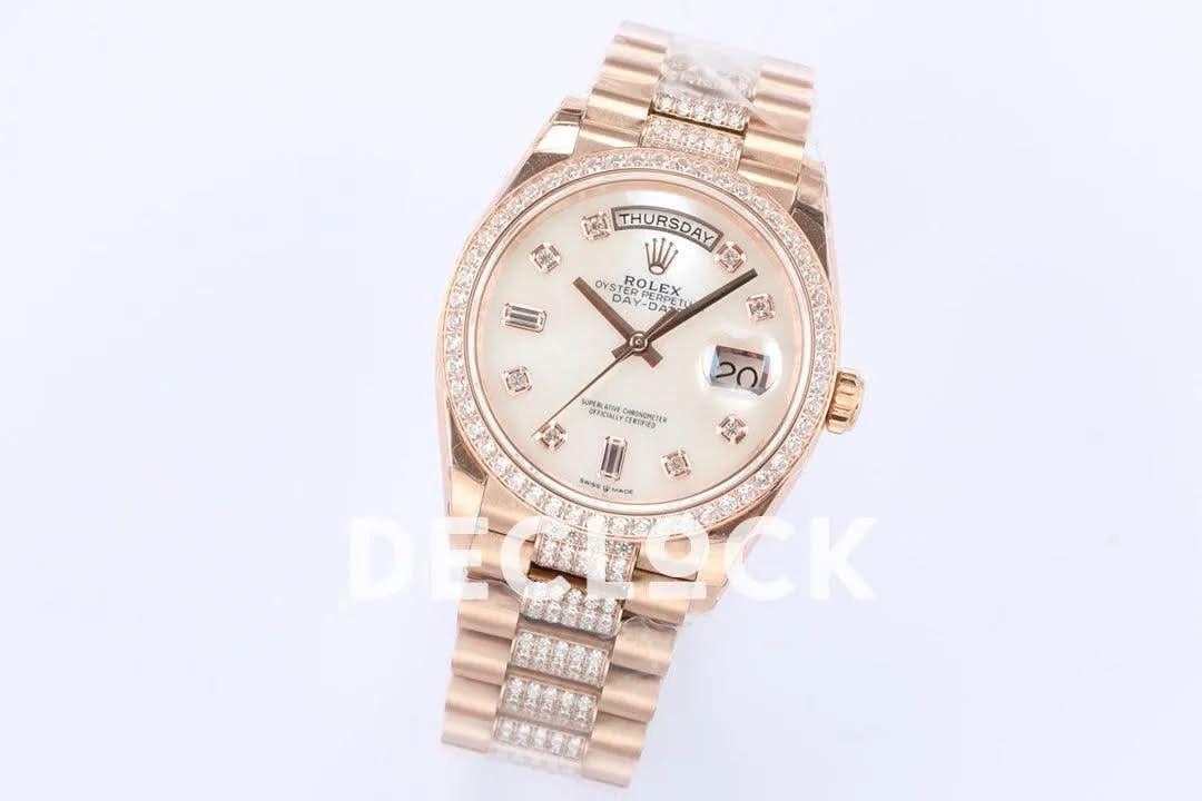 Replica Rolex Day-Date 36 128345RBR MOP Dial with Diamond Bezel in Everose Gold |  Declock.