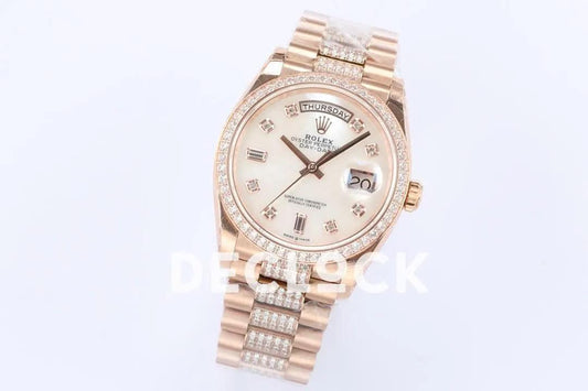 Replica Rolex Day-Date 36 128345RBR MOP Dial with Diamond Bezel in Everose Gold | Declock.