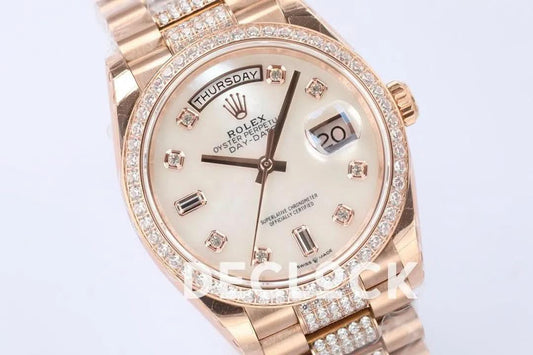 Replica Rolex Day-Date 36 128345RBR MOP Dial with Diamond Bezel in Everose Gold | Declock.