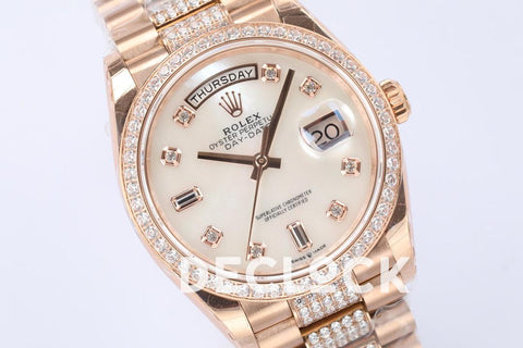 Replica Rolex Day-Date 36 128345RBR MOP Dial with Diamond Bezel in Everose Gold - Replica Watches