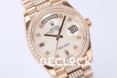 Replica Rolex Day-Date 36 128345RBR MOP Dial with Diamond Bezel in Everose Gold