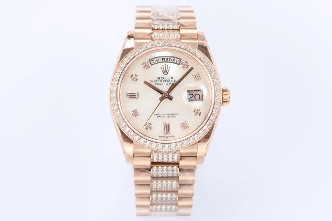 Replica Rolex Day-Date 36 128345RBR MOP Dial with Diamond Bezel in Everose Gold |  Declock.