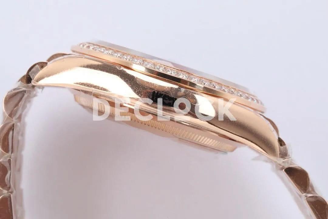 Replica Rolex Day-Date 36 128345RBR MOP Dial with Diamond Bezel in Everose Gold |  Declock.