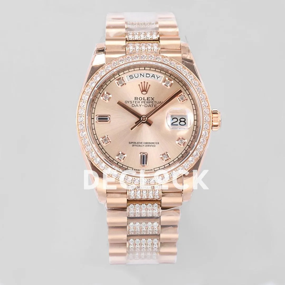 Replica Rolex Day-Date 36 128345RBR Rose Dial with Diamond Bezel in Everose Gold