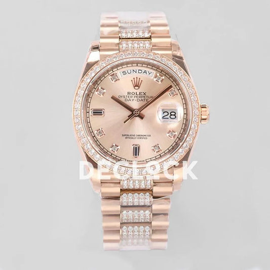 Replica Rolex Day-Date 36 128345RBR Rose Dial with Diamond Bezel in Everose Gold | Declock.