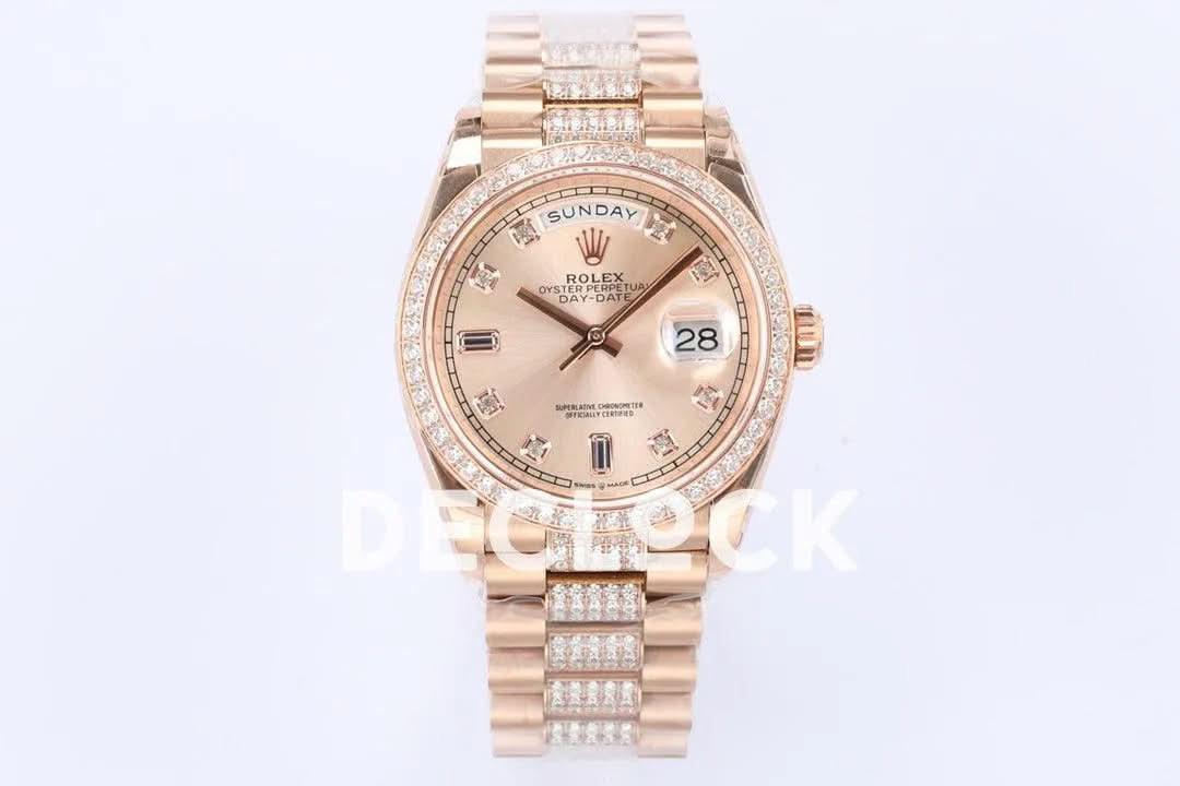 Replica Rolex Day-Date 36 128345RBR Rose Dial with Diamond Bezel in Everose Gold |  Declock.