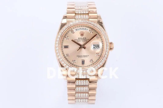 Replica Rolex Day-Date 36 128345RBR Rose Dial with Diamond Bezel in Everose Gold | Declock.