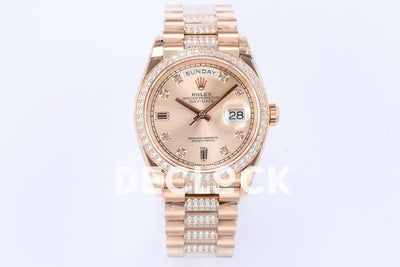 Replica Rolex Day-Date 36 128345RBR Rose Dial with Diamond Bezel in Everose Gold