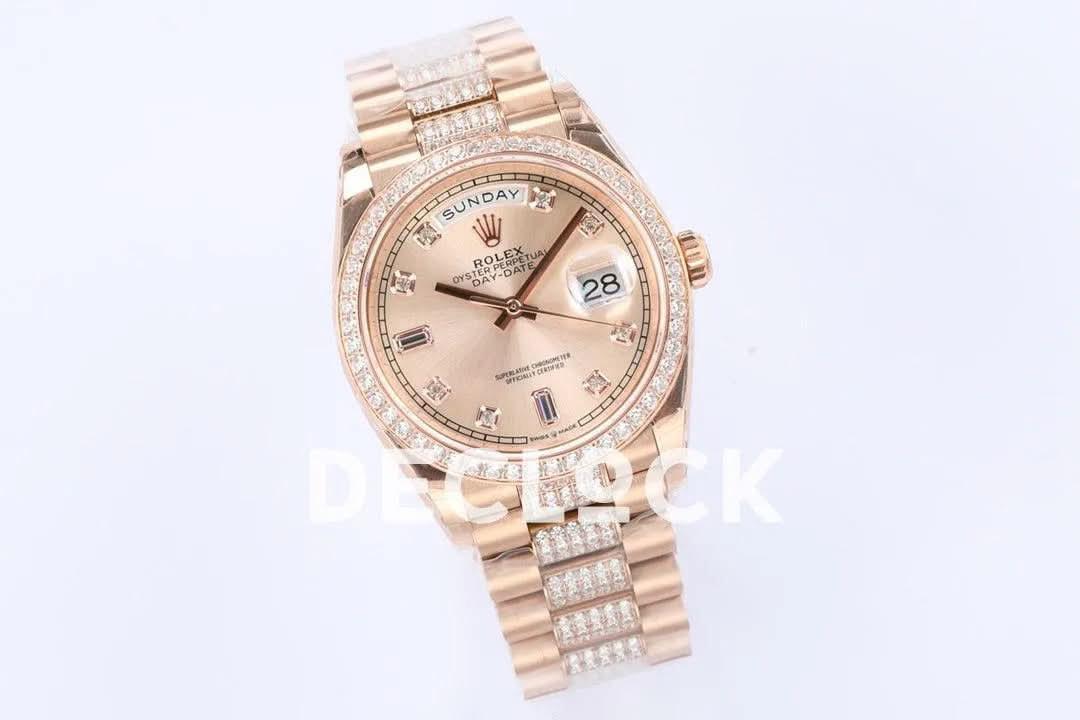 Replica Rolex Day-Date 36 128345RBR Rose Dial with Diamond Bezel in Everose Gold |  Declock.
