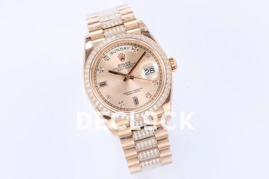 Replica Rolex Day-Date 36 128345RBR Rose Dial with Diamond Bezel in Everose Gold | Declock.