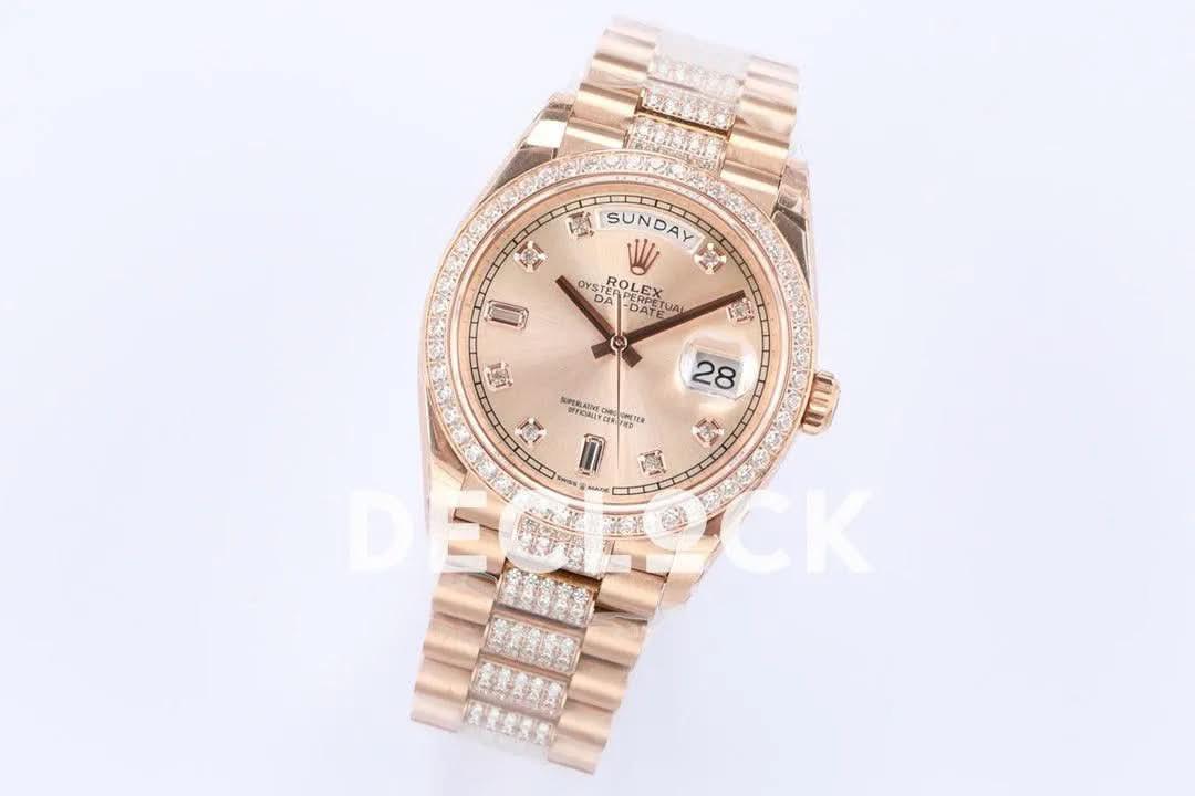 Replica Rolex Day-Date 36 128345RBR Rose Dial with Diamond Bezel in Everose Gold |  Declock.
