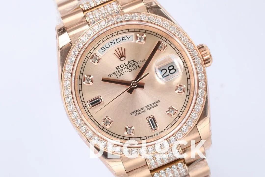 Replica Rolex Day-Date 36 128345RBR Rose Dial with Diamond Bezel in Everose Gold |  Declock.