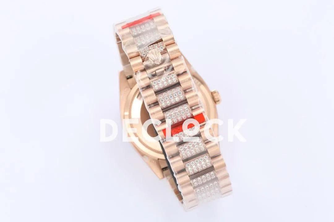 Replica Rolex Day-Date 36 128345RBR Rose Dial with Diamond Bezel in Everose Gold |  Declock.