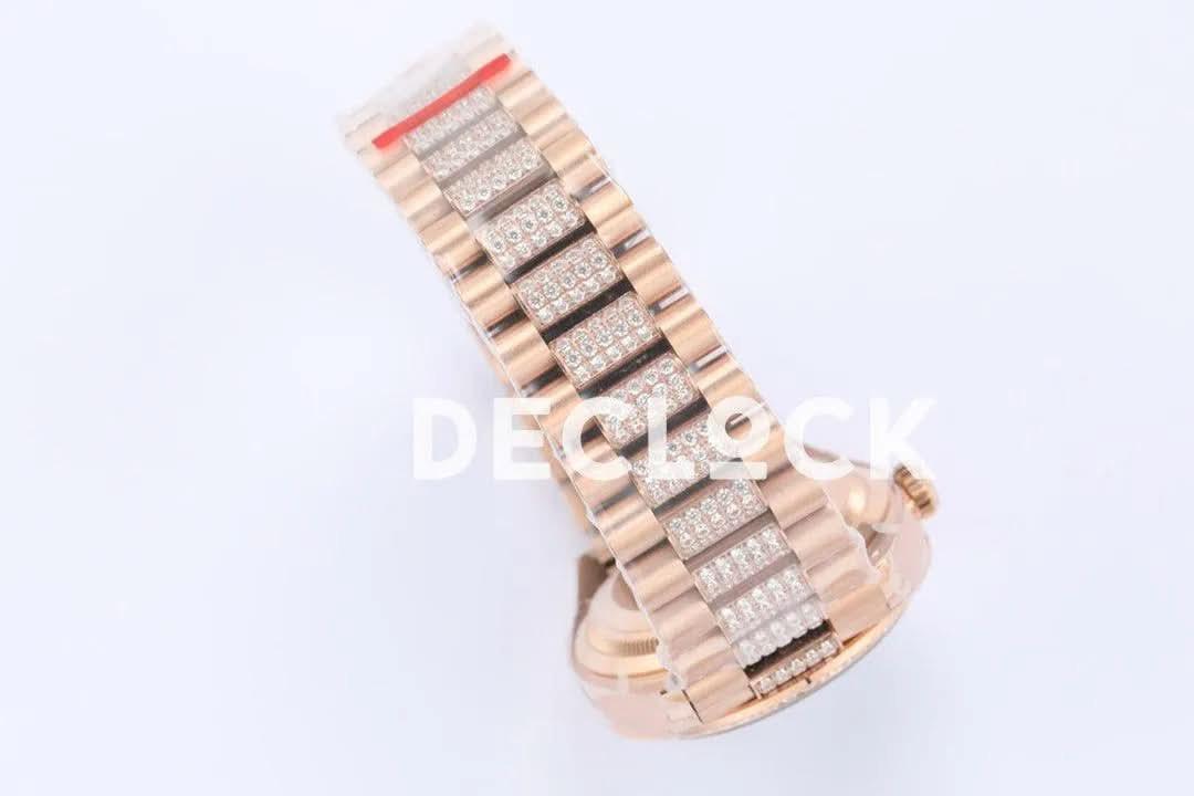 Replica Rolex Day-Date 36 128345RBR Rose Dial with Diamond Bezel in Everose Gold |  Declock.