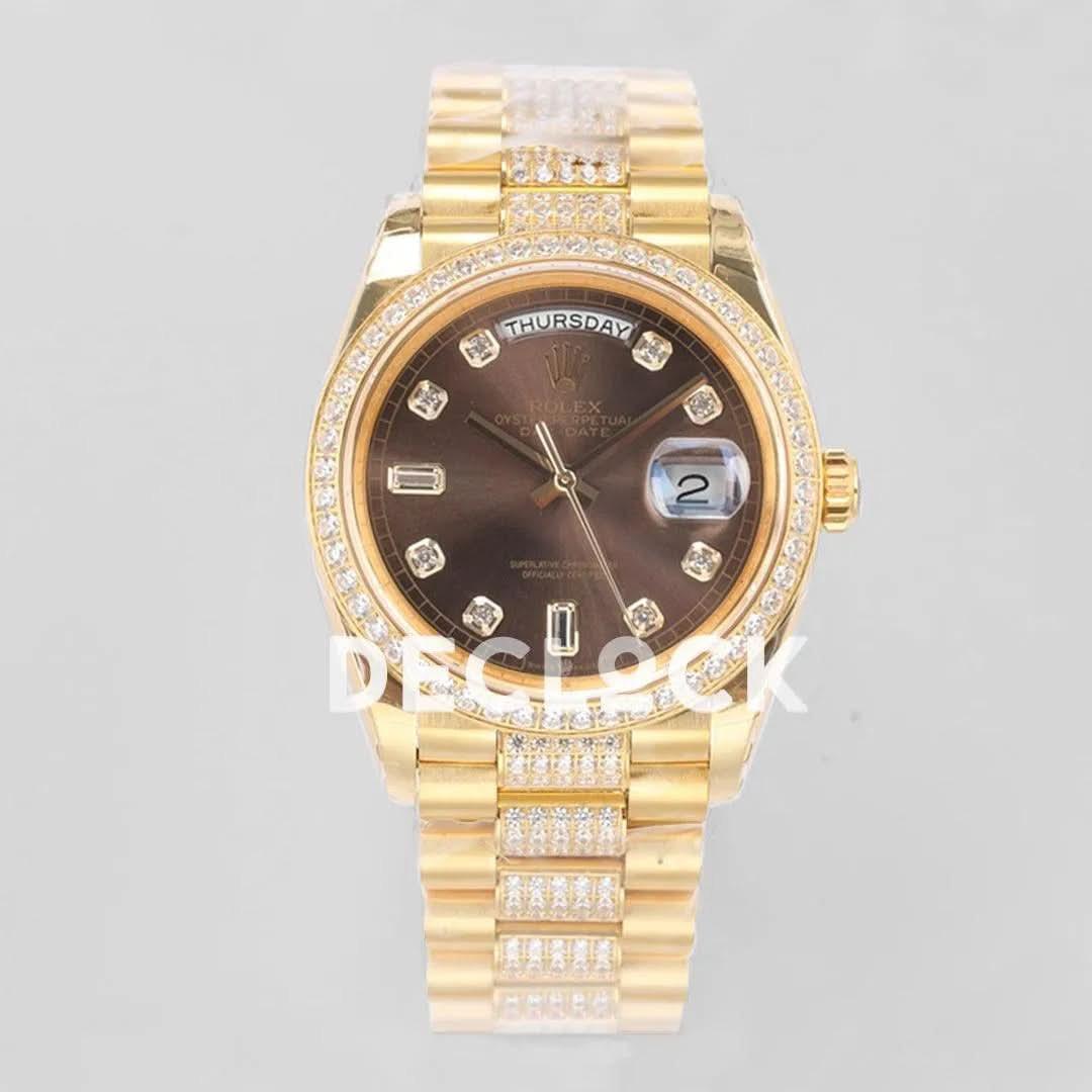 Replica Rolex Day-Date 36 128348RBR Brown Dial with Diamond Bezel in Yellow Gold |  Declock.
