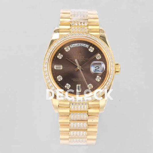 Replica Rolex Day-Date 36 128348RBR Brown Dial with Diamond Bezel in Yellow Gold | Declock.