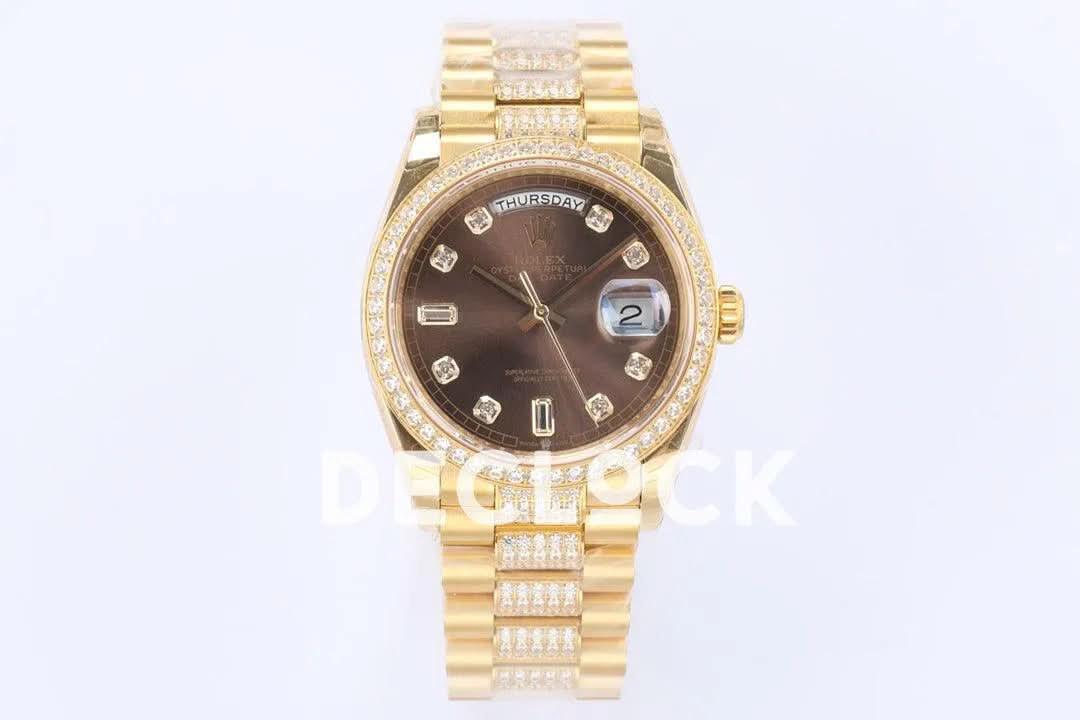 Replica Rolex Day-Date 36 128348RBR Brown Dial with Diamond Bezel in Yellow Gold |  Declock.