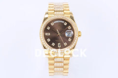 Replica Rolex Day-Date 36 128348RBR Brown Dial with Diamond Bezel in Yellow Gold