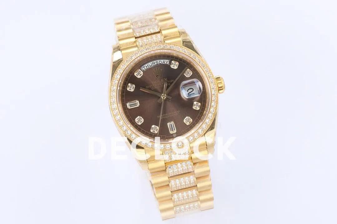 Replica Rolex Day-Date 36 128348RBR Brown Dial with Diamond Bezel in Yellow Gold |  Declock.