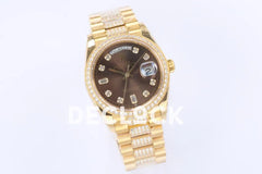 Replica Rolex Day-Date 36 128348RBR Brown Dial with Diamond Bezel in Yellow Gold