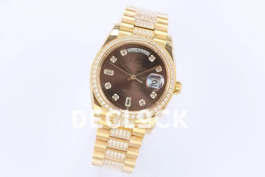Replica Rolex Day-Date 36 128348RBR Brown Dial with Diamond Bezel in Yellow Gold | Declock.