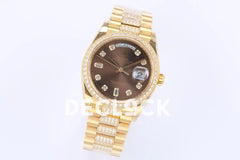 Replica Rolex Day-Date 36 128348RBR Brown Dial with Diamond Bezel in Yellow Gold