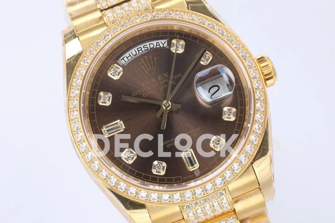 Replica Rolex Day-Date 36 128348RBR Brown Dial with Diamond Bezel in Yellow Gold |  Declock.