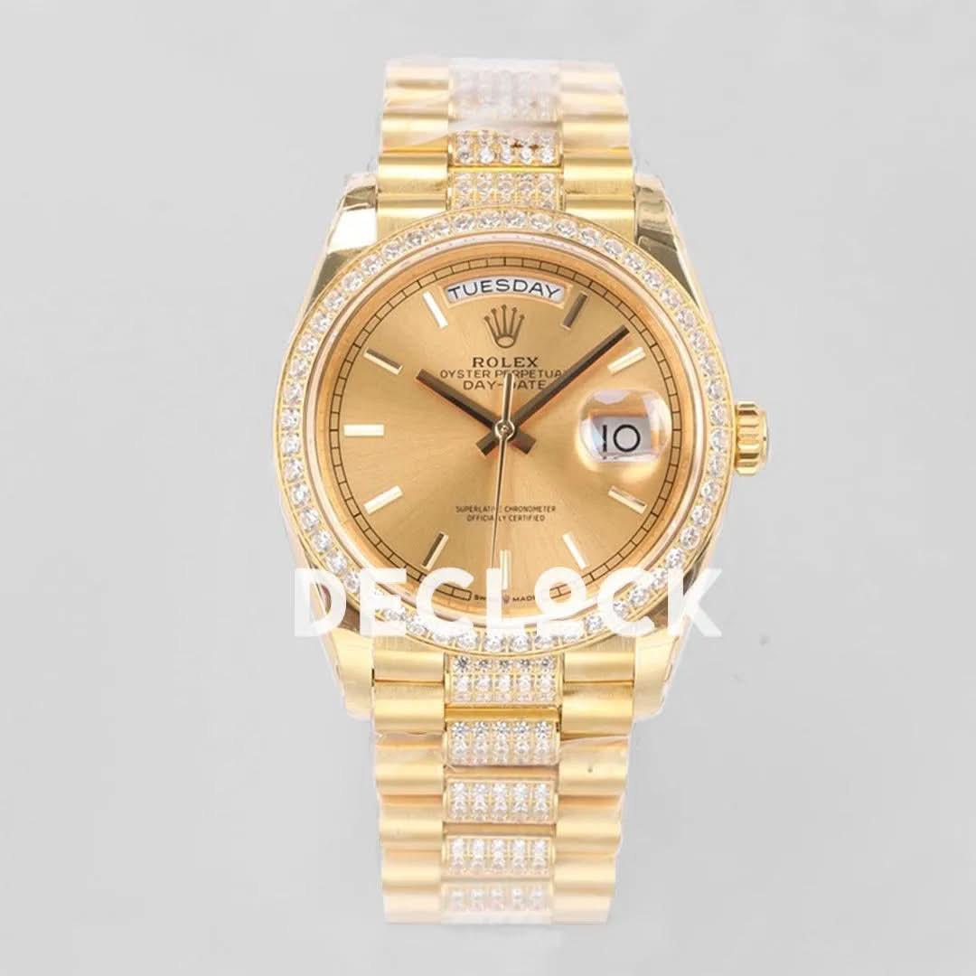 Replica Rolex Day-Date 36 128348RBR Champagne Dial with Diamond Bezel in Yellow Gold |  Declock.
