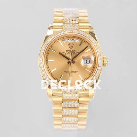 Replica Rolex Day-Date 36 128348RBR Champagne Dial with Diamond Bezel in Yellow Gold |  Declock.