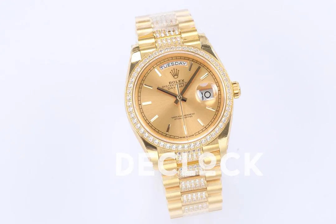 Replica Rolex Day-Date 36 128348RBR Champagne Dial with Diamond Bezel in Yellow Gold