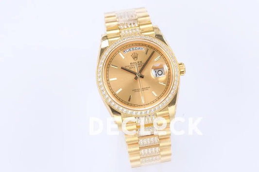 Replica Rolex Day-Date 36 128348RBR Champagne Dial with Diamond Bezel in Yellow Gold |  Declock.