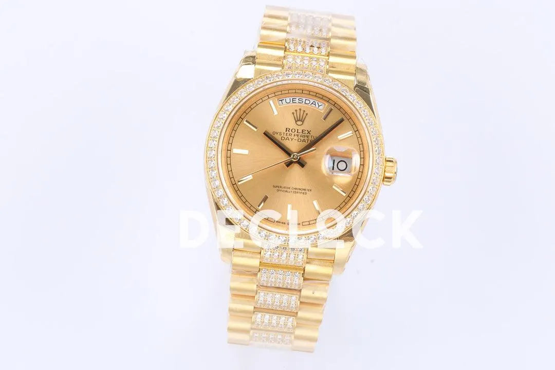 Replica Rolex Day-Date 36 128348RBR Champagne Dial with Diamond Bezel in Yellow Gold