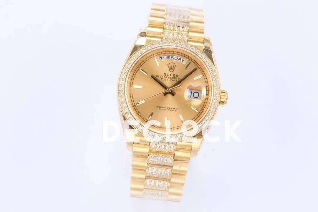 Replica Rolex Day-Date 36 128348RBR Champagne Dial with Diamond Bezel in Yellow Gold |  Declock.