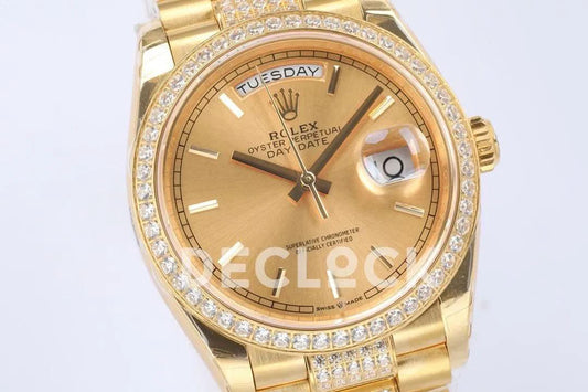 Replica Rolex Day-Date 36 128348RBR Champagne Dial with Diamond Bezel in Yellow Gold | Declock.