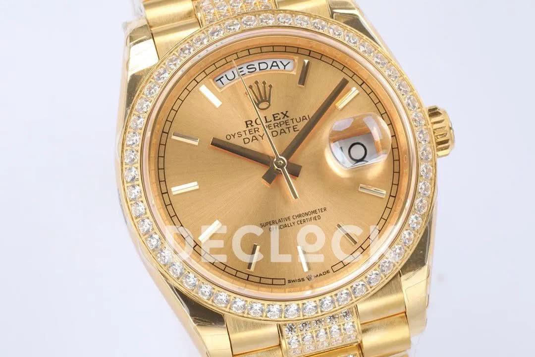 Replica Rolex Day-Date 36 128348RBR Champagne Dial with Diamond Bezel in Yellow Gold |  Declock.
