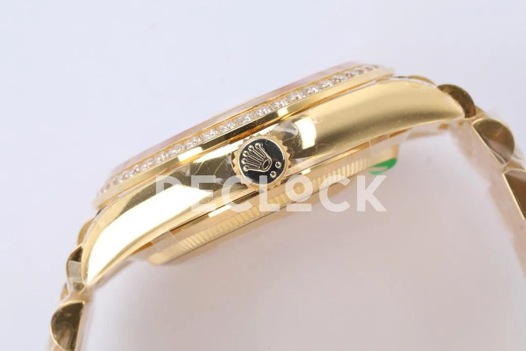 Replica Rolex Day-Date 36 128348RBR Champagne Dial with Diamond Bezel in Yellow Gold