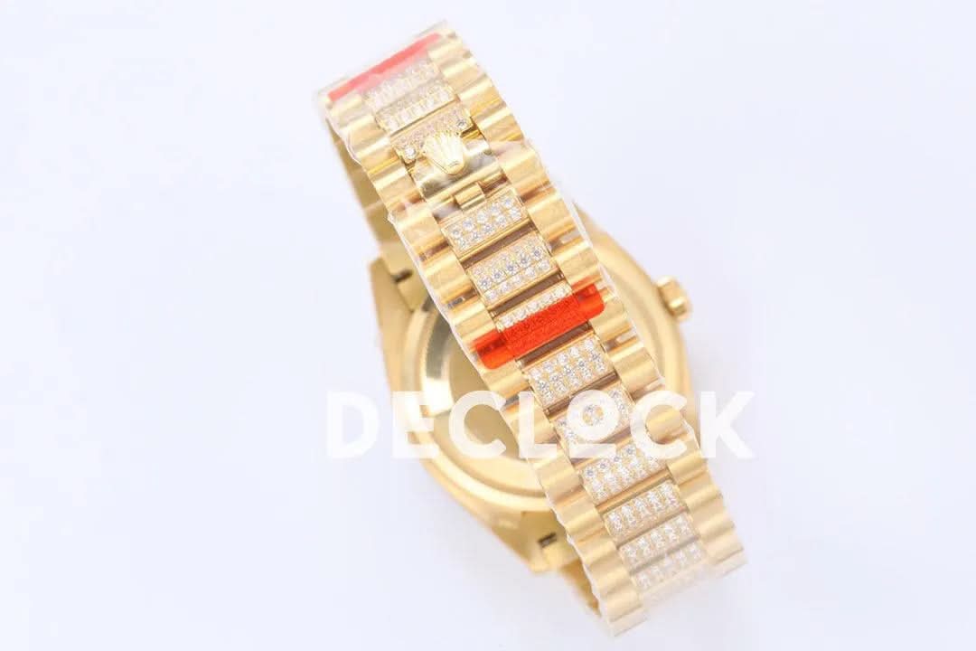 Replica Rolex Day-Date 36 128348RBR Champagne Dial with Diamond Bezel in Yellow Gold